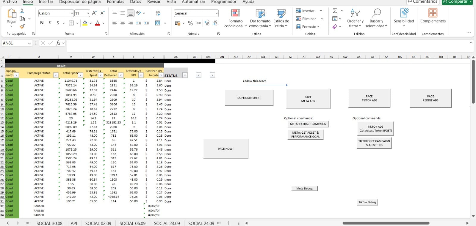 Workbook de pacing creado en Excel.