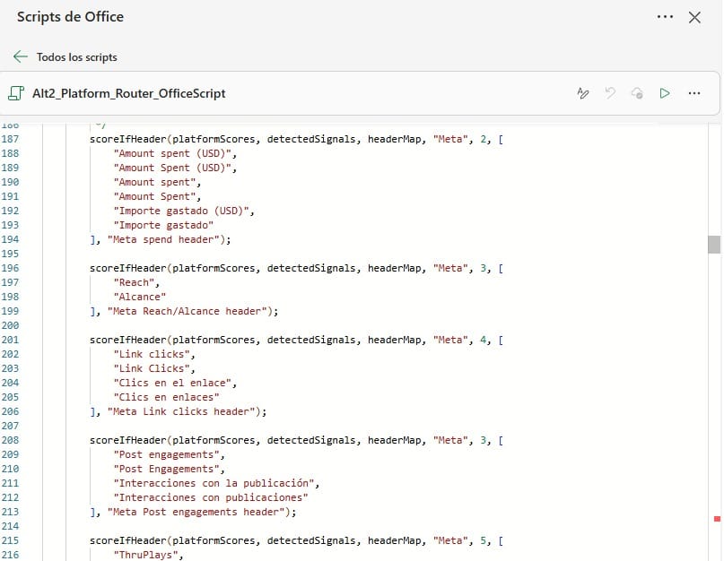 Office Script TypeScript que reconoce plataformas por encabezados.